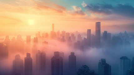 Fototapeta premium A quiet and peaceful cityscape shrouded in fog at sunrise, showing the silhouettes of skyscrapers and buildings in the glow of the morning light.