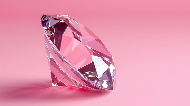 A diamond-shaped crystal with light reflections on a solid pink background.
