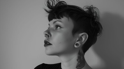 A striking profile of a young woman with a nose ring, ear gauges, and a neck tattoo, captured in a black and white photograph, looking upwards with an expression of contemplation.