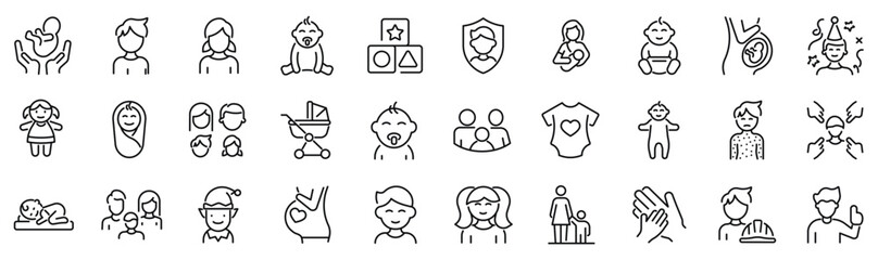 Set of 30 outline icons related to kids. Linear icon collection. Editable stroke. Vector illustration