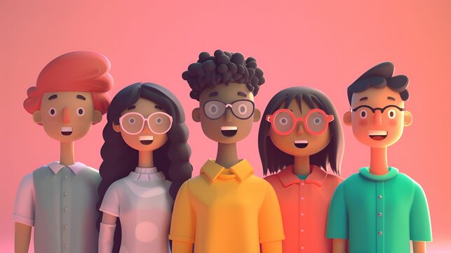 A group of five diverse, happy cartoon characters standing together with smiling faces against a pink background.