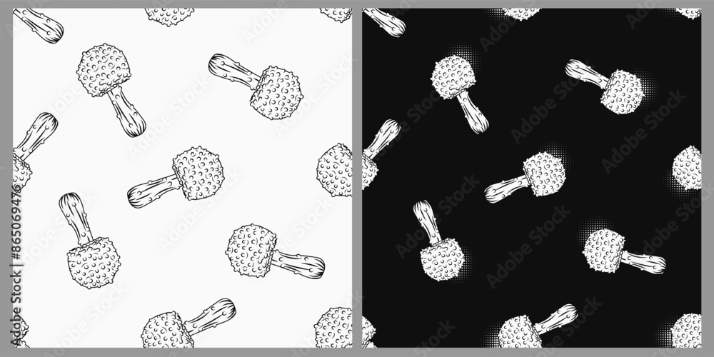 Poster seamless black and white patterns with mushroom fly agaric. loose composition. set of patterns on bl