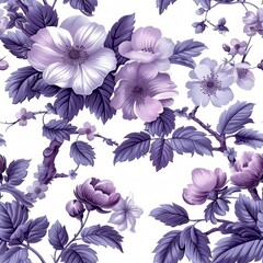 A floral pattern with white background and purple, lilac and violet elements.