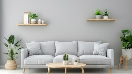 A modern grey sectional sofa with chaise lounge. Positioned in front of a window with natural light. Wooden coffee table in front, large houseplant in the corner