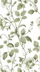 Green floral pattern wallpaper with a white background.