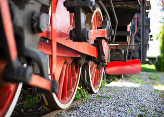 Close up steam locomotive wheels. Old railroad transportation system