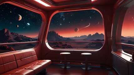 Naklejka premium Futuristic spaceship interior with a view of a red planet from the window, surrounded by starry space, captured in a vibrant cartoon illustration.
