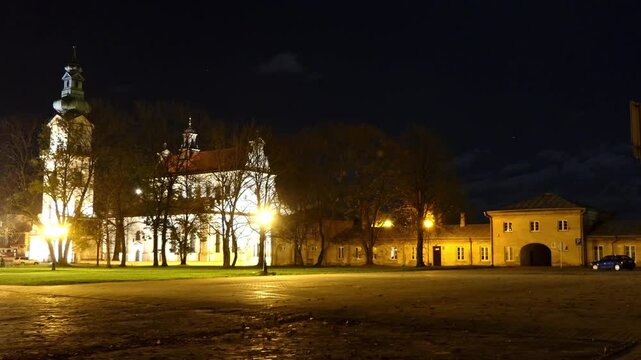 ZAMOSC, POLAND - OCTOBER 30 2017: Cathedral of Resurrection and St. Thomas Apostle also called Zamosc Cathedral is religious building that is affiliated with Catholic Church and is located in old town