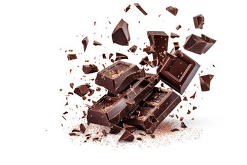 A mid-air burst of luxurious dark chocolate,on a white background.