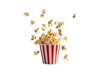 Popcorn view floating paper cup with popcorn isolated on transparent background.