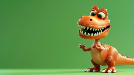 A friendly cartoon dinosaur with a big smile on a solid green background.