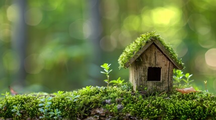 A small wooden birdhouse with a moss-covered roof sits on a log in a lush green forest