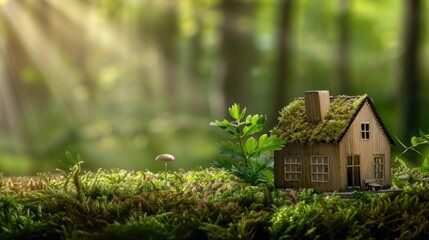 A small wooden birdhouse with a moss-covered roof sits on a log in a lush green forest.