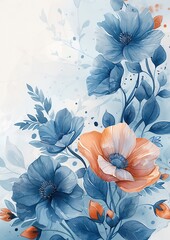 Dusty blue floral watercolor with unframed text in center. Art Nouveau-inspired wedding invitation card design with luminous color palette.