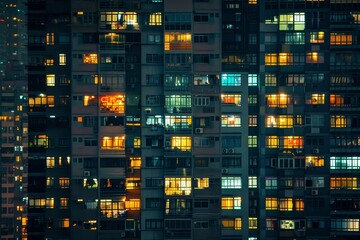 A very tall building in a city with many windows lit up, creating a bright and vibrant cityscape at nighttime, A vertical cityscape filled with windows and lights