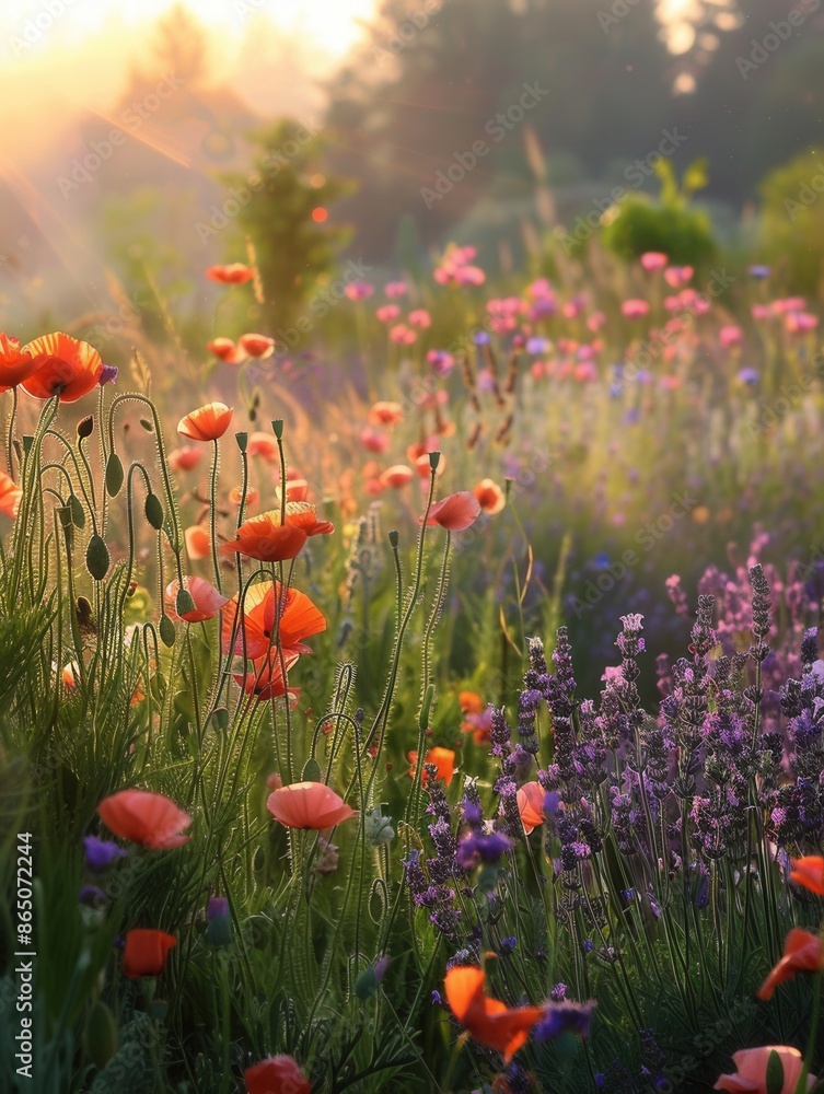 Aufkleber a beautiful field of poppies and lavender bathed in the warm light of dawn. generative ai