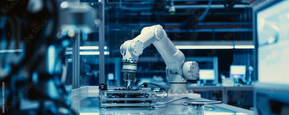Poster robotic arm working on electronic component in advanced laboratory
