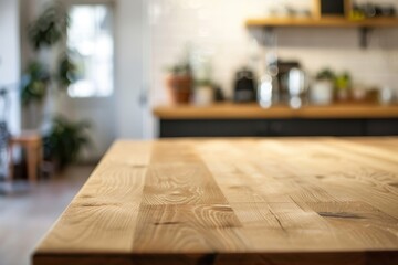 Minimal wooden kitchen island in a soft focus background of a simple scandinavian kitchen