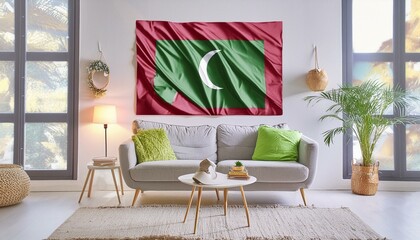The flag of Maldives hangs in the living room at home. The flag is in house.