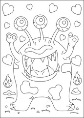 excited cute monster coloring book page