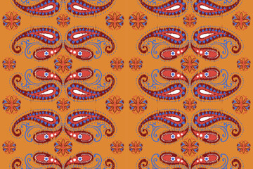 Ikat floral paisley embroidery seamless pattern on background. Ikat ethnic oriental pattern traditional. Aztec style abstract vector illustration. design for ikat fashion texture,fabric,clothing,wrap