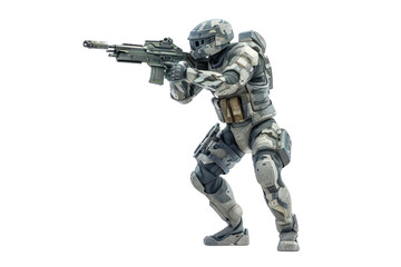 Biomorphic Stealth Trooper : A soldier with a camouflaging exoskeleton, merging with the environment, on a pure white stage.