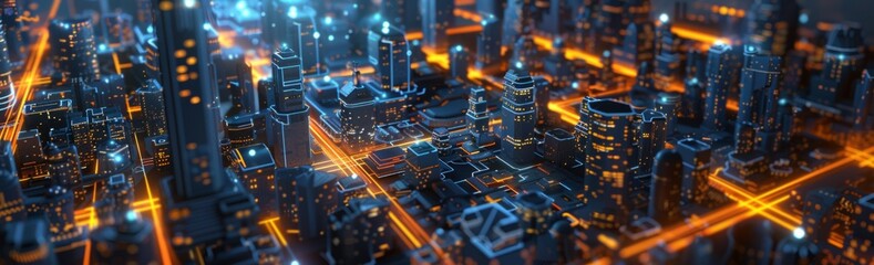 Digital cityscape with glowing data streams and futuristic buildings, showcasing the concept of cyberpunk technology in an abstract digital rendering.