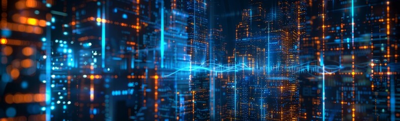 Digital cityscape with glowing data streams and futuristic buildings, showcasing the concept of cyberpunk technology in an abstract digital rendering.