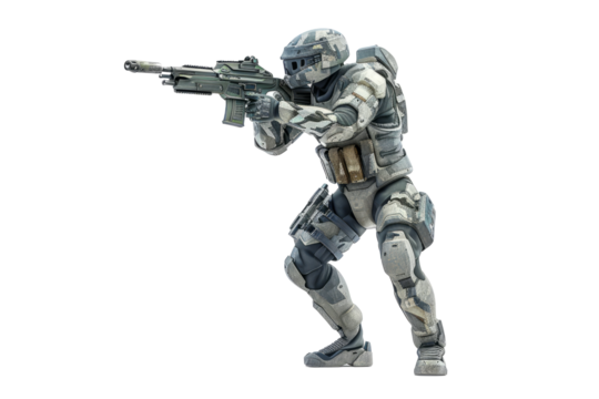 Biomorphic Stealth Trooper : A soldier with a camouflaging exoskeleton, merging with the environment, on a pure white stage.