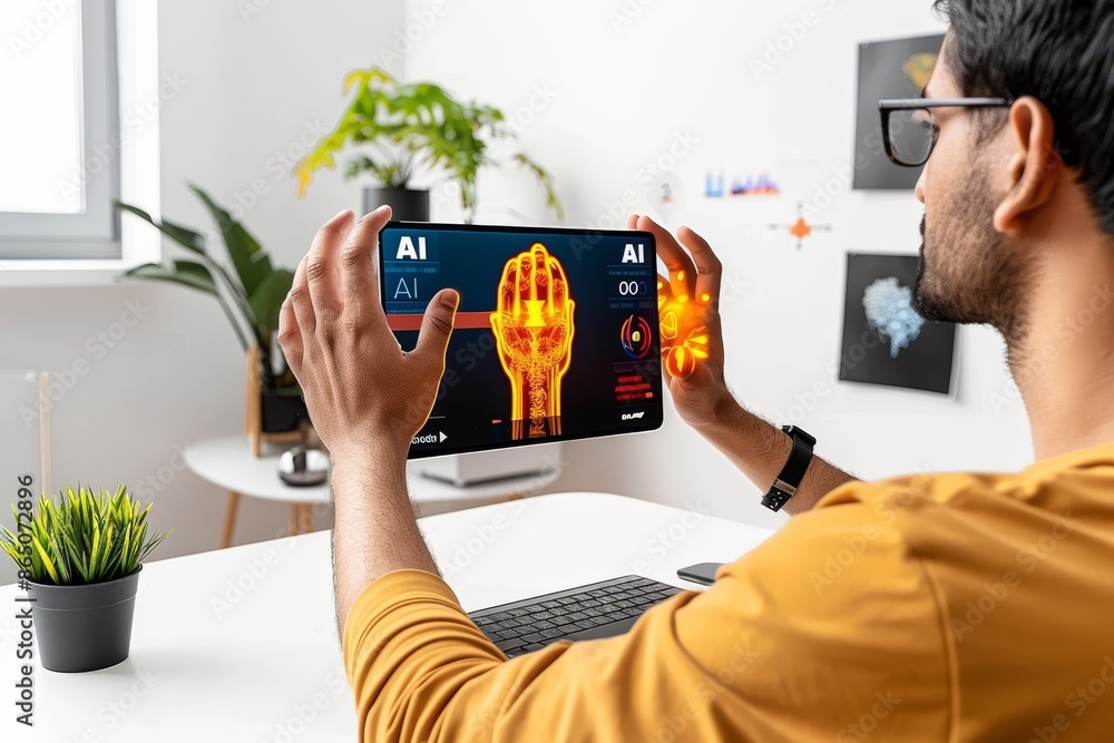 Poster professional working with ai hologram at a high-tech workstation, illustrating the integration and i