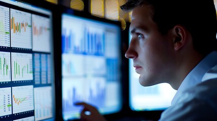 An office worker analyzing financial data on a computer screen, clear light, sharp focus, high clarity, ample copy space for text, no grunge, splash, dust, noise