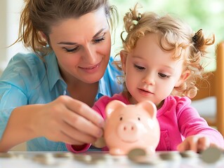 Naklejka premium A mother teaching her child about saving money with a piggy bank, clear light, sharp focus, high clarity, ample copy space for text, no grunge, splash, dust, noise