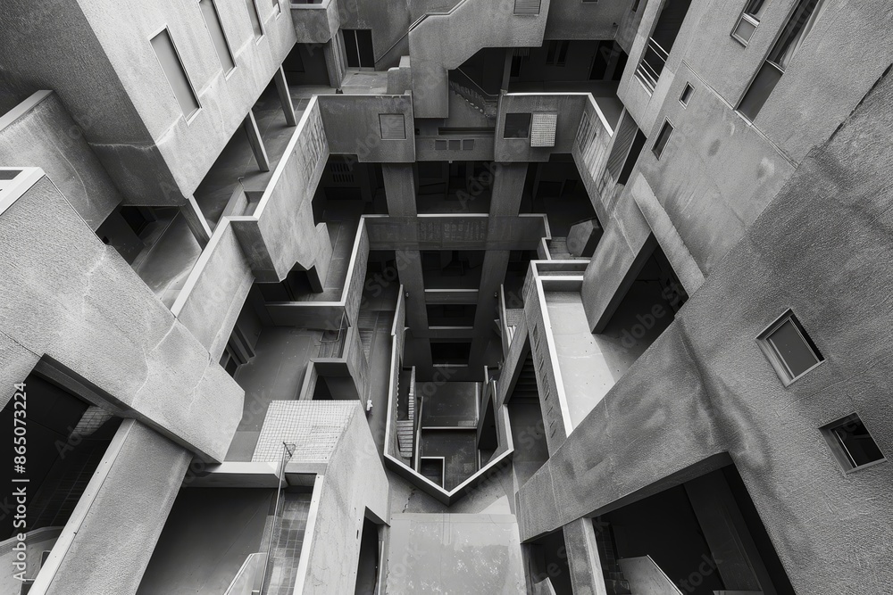 Aufkleber a vertical black and white maze of interconnected spaces forming the facade of a building, a vertica