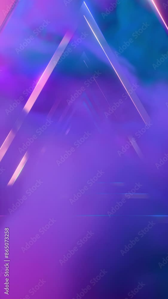 Poster flying inside futuristic abstract tunnel of metallic triangles and smoke. design. endless triangular