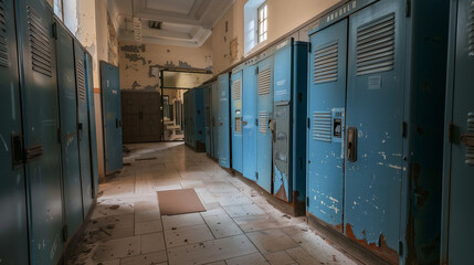 Old blue rusted school lockers hallway vintage rustic nostalgic education weathered building history corridor atmosphere underprivileged urban poor highschool college rundown empty nobody break  