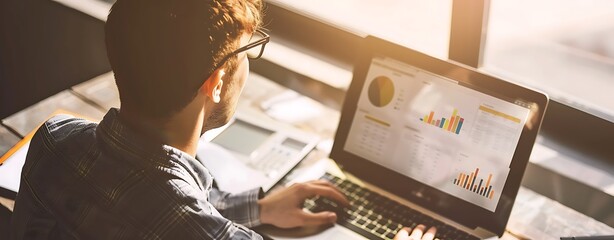 A young professional man reviewing financial charts on a laptop, clear light, sharp focus, high clarity, ample