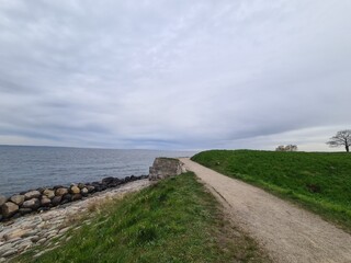 nature path at the beach and cloudy sky in Helsing&oslash;r, a wonderful city in denmark/scandinavia/europe