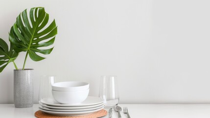 Obraz premium Colorful plates and bowls are stacked on a kitchen counter, alongside a vase with utensils and a monstera leaf