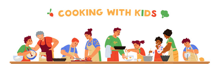 Cooking with children horizontal vector banner. Different age and race children in aprons cooking together with adults. Making dough, making pies, using blender, tasting filling, breaking eggs. Kids c