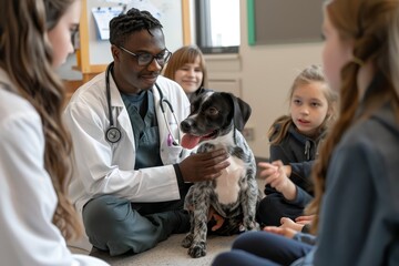 A veterinarian instructing a group of students while they observe a dog sitting with them, A veterinarian teaching a group of students about proper animal care and handling
