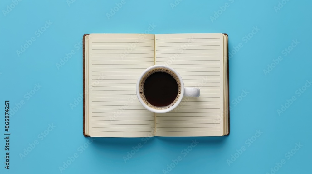 Poster top view of an open notebook with blank pages and coffee on blue background for customization or moc
