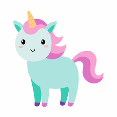 A cute unicorn with a pink mane and tail stands on a white background