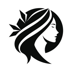 Vector illustration of an abstract portrait of a girl, a beauty industry logo, and a stylized image of a girl's face.