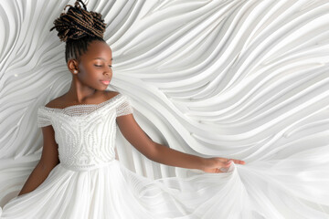 Fototapeta premium Portrait of a young African girl posing in a studio in a white wedding dress, fashion photography