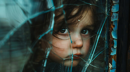 Child's reflection distorted by a cracked window, reflecting a sense of fear and vulnerability. Generative AI illustration 