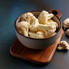 Fresh peeled cauliflower in bowl on blue background