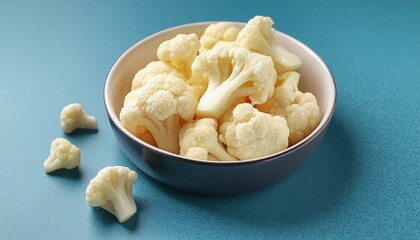 Fresh peeled cauliflower in bowl on blue background
