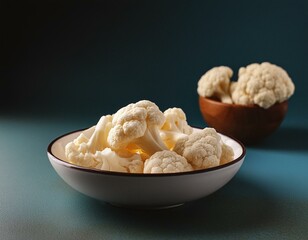 Fresh peeled cauliflower in bowl on blue background
