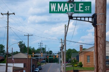 Street sign mounted on a wood post