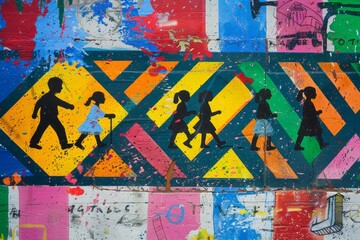 Colorful painting of children crossing a vibrant street in a school zone, A vibrant and colorful depiction of a school zone sign with children crossing the street